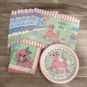 Vtg 2004 Pink Poodle In Paris‎ Party Pack For 8 Activity Placemats Plates Napkin